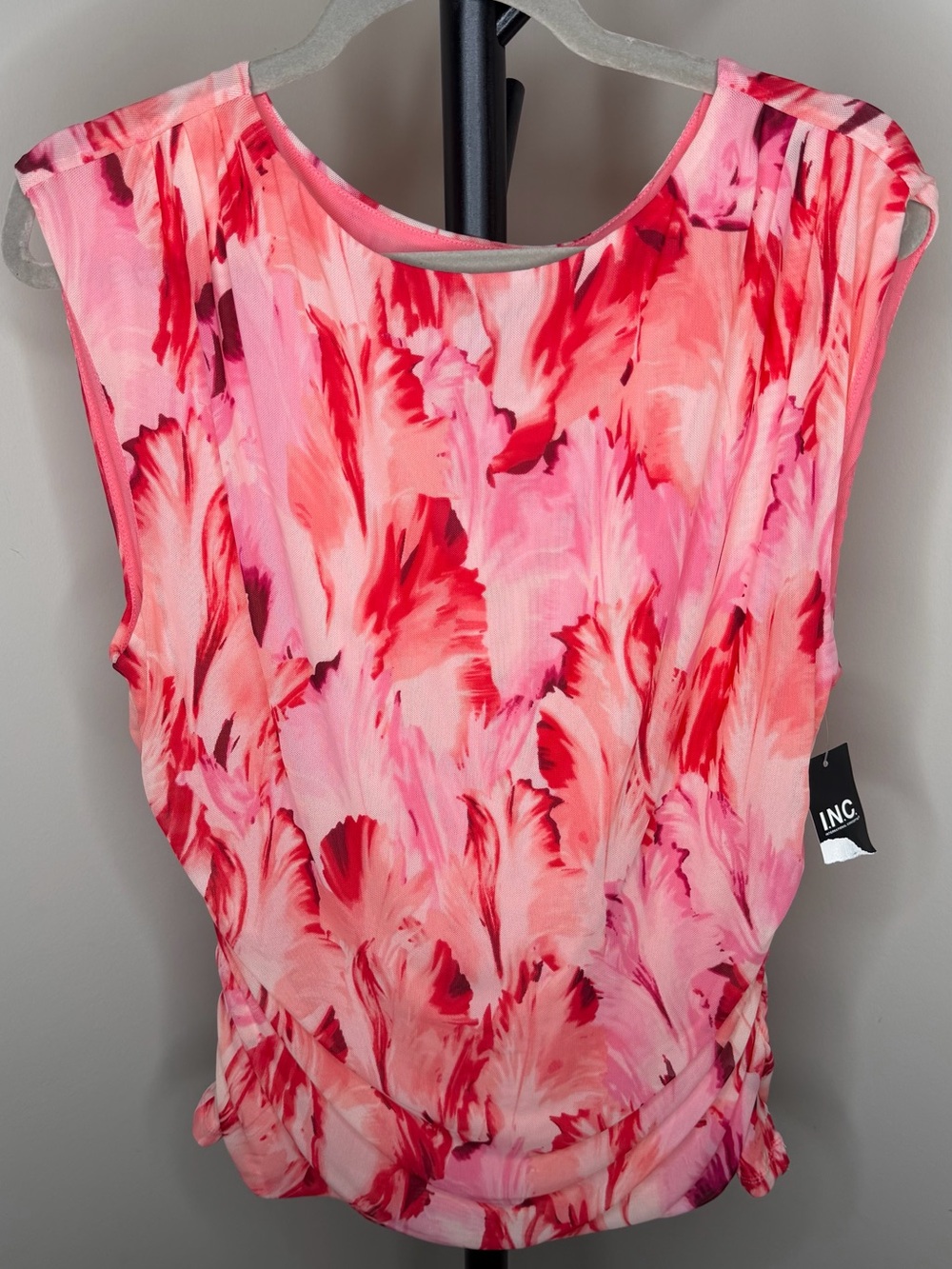 NWT INC International Concepts Mesh Floral Blouse Pink Coral Red Sleeveless XL